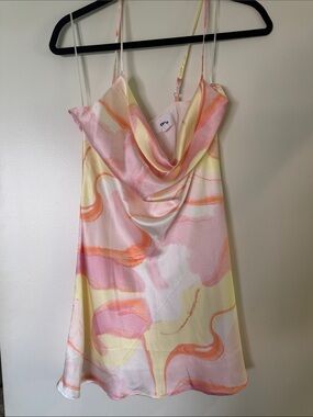 Satin Cowl Neck Mini Dress in Pink & Yellow Watercolor
